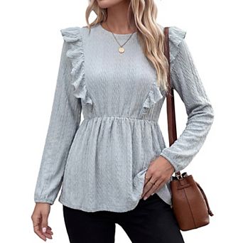 Womens Shirts Dressy Casual Ruffle Babydoll Top Long Sleeve Blouses