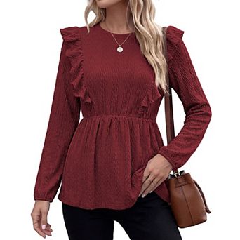 Womens Shirts Dressy Casual Ruffle Babydoll Top Long Sleeve Blouses