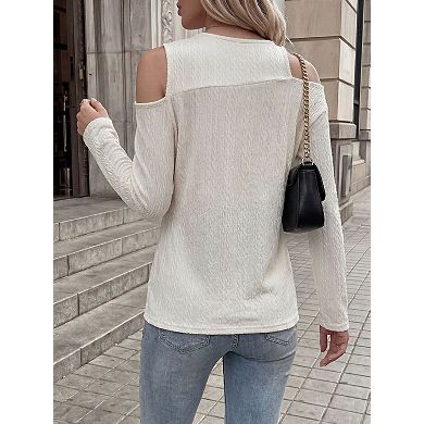 Women's Cold Shoulder Tops Round Neck Cut Out Long Sleeve Shirts
