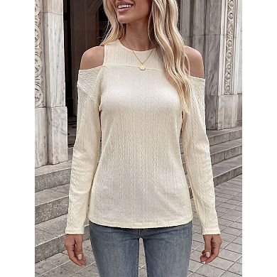 Women's Cold Shoulder Tops Round Neck Cut Out Long Sleeve Shirts
