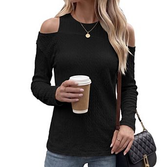 Women's Cold Shoulder Tops Round Neck Cut Out Long Sleeve Shirts