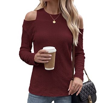 Women's Cold Shoulder Tops Round Neck Cut Out Long Sleeve Shirts