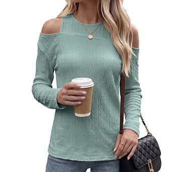 Women's Cold Shoulder Tops Round Neck Cut Out Long Sleeve Shirts
