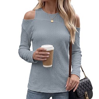 Women's Cold Shoulder Tops Round Neck Cut Out Long Sleeve Shirts
