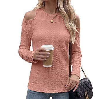 Women's Cold Shoulder Tops Round Neck Cut Out Long Sleeve Shirts