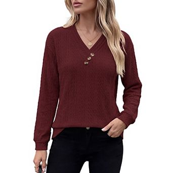 Women Diagonal‑Button V‑Neck Long Sleeve Crinkle Textured Blouse