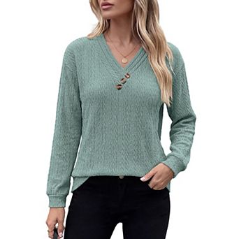 Women Diagonal‑Button V‑Neck Long Sleeve Crinkle Textured Blouse
