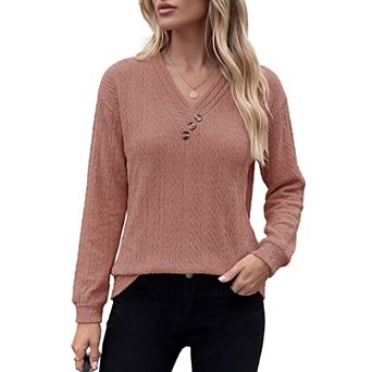 Women Diagonal‑Button V‑Neck Long Sleeve Crinkle Textured Blouse