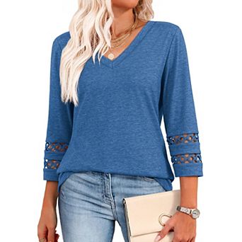 3/4 Length Sleeve Womens Tops and Blouses Dressy Casual Crewneck Shirts