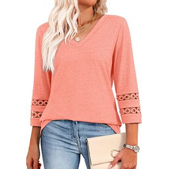 3/4 Length Sleeve Womens Tops and Blouses Dressy Casual Crewneck Shirts