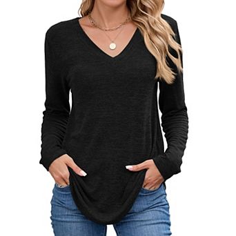 Women V Neck Loose Fit Solid Long Sleeve Fashion Daily Tops