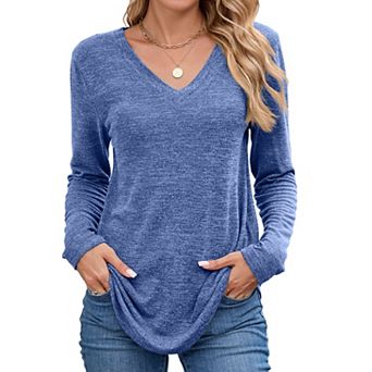 Women V Neck Loose Fit Solid Long Sleeve Fashion Daily Tops