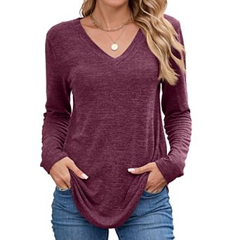 Women V Neck Loose Fit Solid Long Sleeve Fashion Daily Tops