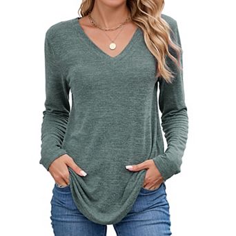 Women V Neck Loose Fit Solid Long Sleeve Fashion Daily Tops