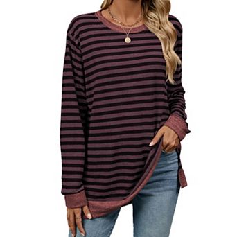 Womens Casual Striped Long Sleeve Shirt Trendy Crew Neck Slim Loose Fit Blouses