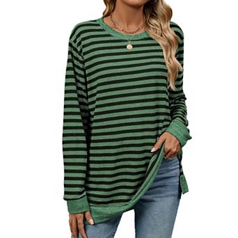 Womens Casual Striped Long Sleeve Shirt Trendy Crew Neck Slim Loose Fit Blouses