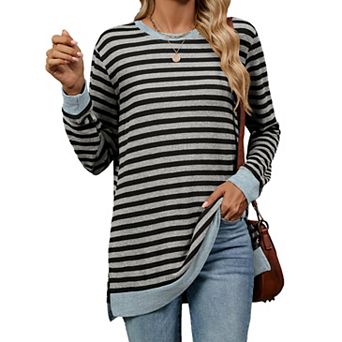 Womens Casual Striped Long Sleeve Shirt Trendy Crew Neck Slim Loose Fit Blouses