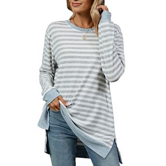 Womens Casual Striped Long Sleeve Shirt Trendy Crew Neck Slim Loose Fit Blouses