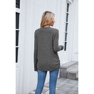 Women's Casual Long Sleeve Crewneck Shirts Loose Fit Solid Color Outfits Blouses