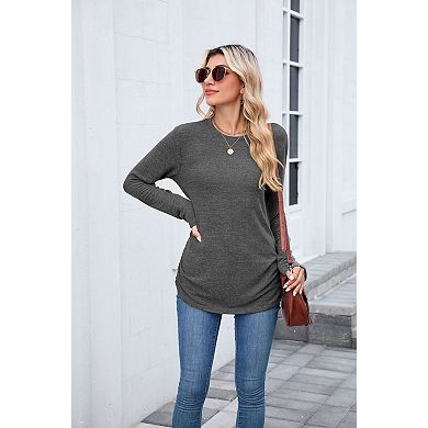 Women's Casual Long Sleeve Crewneck Shirts Loose Fit Solid Color Outfits Blouses