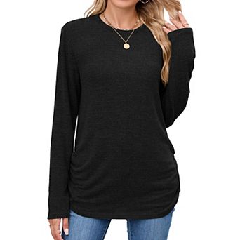 Women's Casual Long Sleeve Crewneck Shirts Loose Fit Solid Color Outfits Blouses