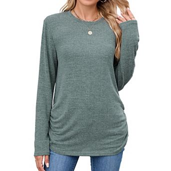 Women's Casual Long Sleeve Crewneck Shirts Loose Fit Solid Color Outfits Blouses