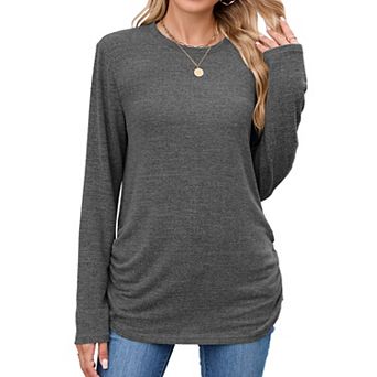 Women's Casual Long Sleeve Crewneck Shirts Loose Fit Solid Color Outfits Blouses
