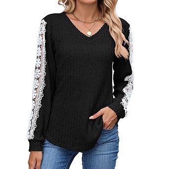 Womens V Neck Long Sleeve Lace Shirts Casual Business Tops