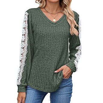 Womens V Neck Long Sleeve Lace Shirts Casual Business Tops