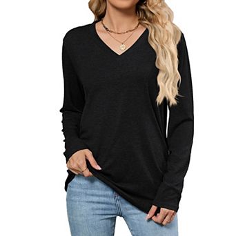Women's V Neck Long Sleeve Tops Lightweight Loose Fit Tunic Shirt