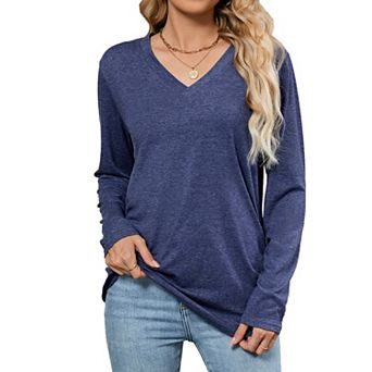 Women's V Neck Long Sleeve Tops Lightweight Loose Fit Tunic Shirt