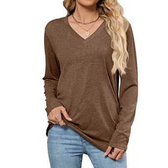 Women's V Neck Long Sleeve Tops Lightweight Loose Fit Tunic Shirt