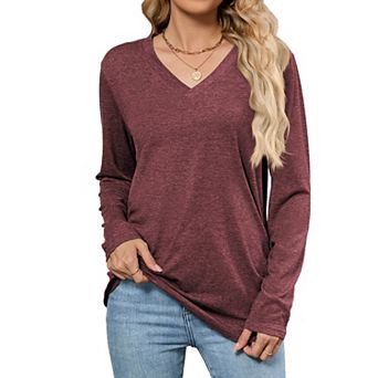 Women's V Neck Long Sleeve Tops Lightweight Loose Fit Tunic Shirt