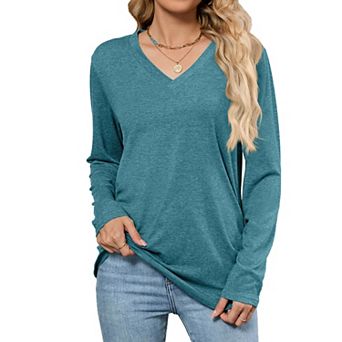Women's V Neck Long Sleeve Tops Lightweight Loose Fit Tunic Shirt