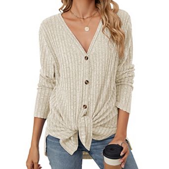 Waffle Knit Batwing Shirts for Women Tie Knot Henley Plain Tunic Blouse