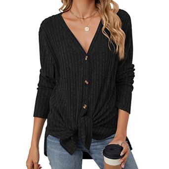 Waffle Knit Batwing Shirts for Women Tie Knot Henley Plain Tunic Blouse