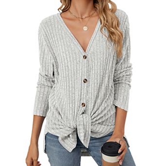 Waffle Knit Batwing Shirts for Women Tie Knot Henley Plain Tunic Blouse