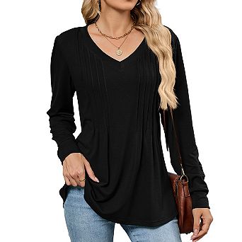 V‑Neck Pleated Tunic Tops for Women Long Sleeve Dressy Casual Fall Shirts