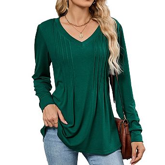 V‑Neck Pleated Tunic Tops for Women Long Sleeve Dressy Casual Fall Shirts