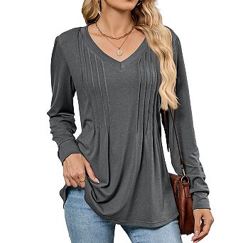 V‑Neck Pleated Tunic Tops for Women Long Sleeve Dressy Casual Fall Shirts