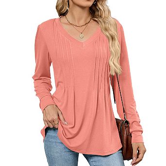 V‑Neck Pleated Tunic Tops for Women Long Sleeve Dressy Casual Fall Shirts