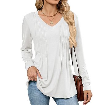 V‑Neck Pleated Tunic Tops for Women Long Sleeve Dressy Casual Fall Shirts