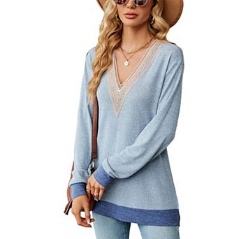 Women's V Neck Lace Trim Long Sleeve Tunic Top Casual Hem Stylish Blouse