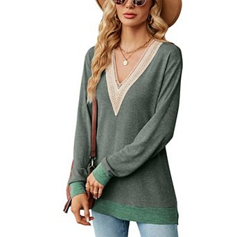 Women's V Neck Lace Trim Long Sleeve Tunic Top Casual Hem Stylish Blouse