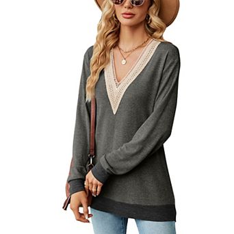 Women's V Neck Lace Trim Long Sleeve Tunic Top Casual Hem Stylish Blouse