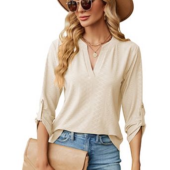 V‑Neck Roll‑Up Sleeve Tops for Women Loose Solid Dressy Casual Blouse Shirts
