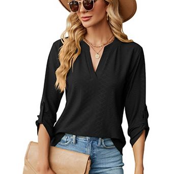 V‑Neck Roll‑Up Sleeve Tops for Women Loose Solid Dressy Casual Blouse Shirts