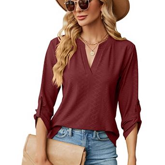 V‑Neck Roll‑Up Sleeve Tops for Women Loose Solid Dressy Casual Blouse Shirts