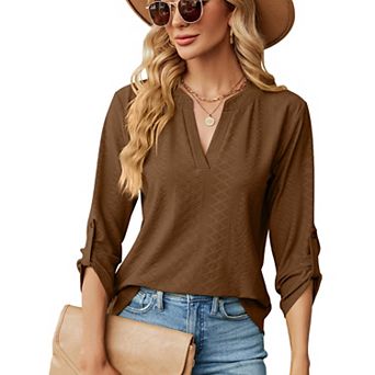 V‑Neck Roll‑Up Sleeve Tops for Women Loose Solid Dressy Casual Blouse Shirts