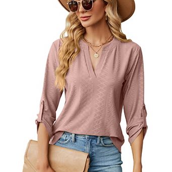 V‑Neck Roll‑Up Sleeve Tops for Women Loose Solid Dressy Casual Blouse Shirts